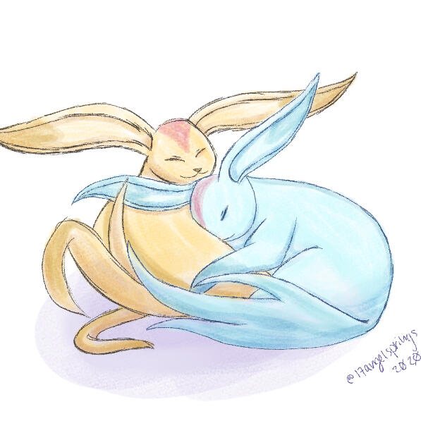 A topaz carbuncle cuddling an emerald carbuncle